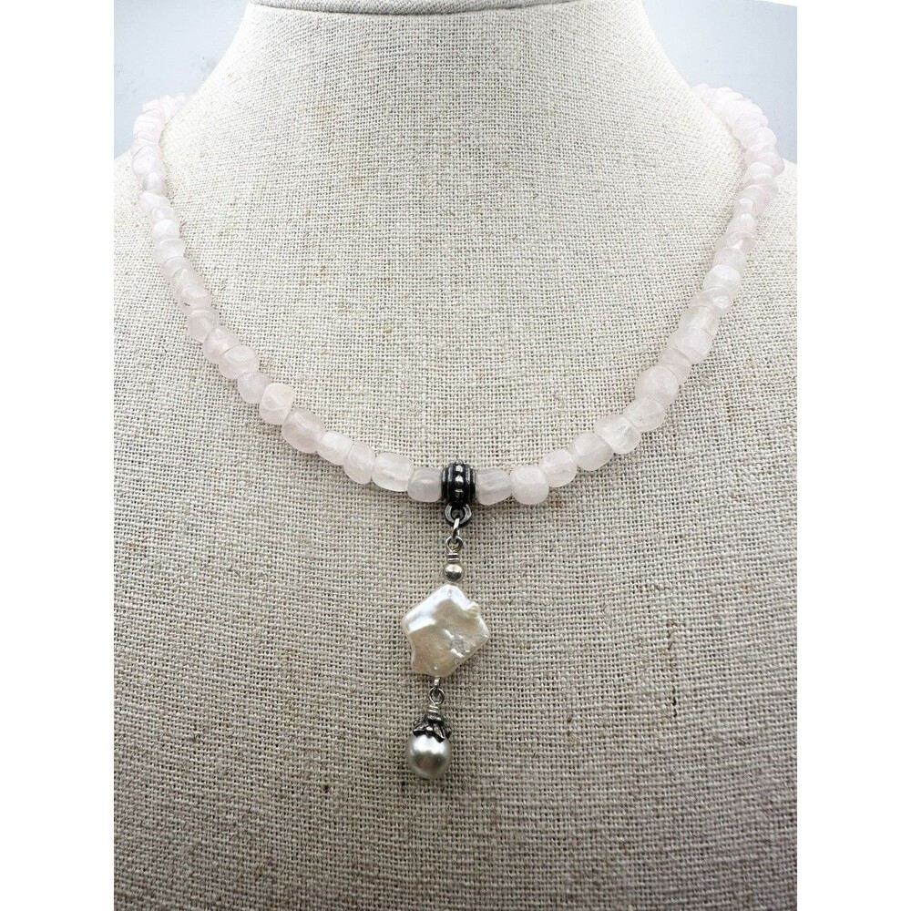 925 Sterling Silver Austin Design Rose Quartz Pearl Necklace 17.5”